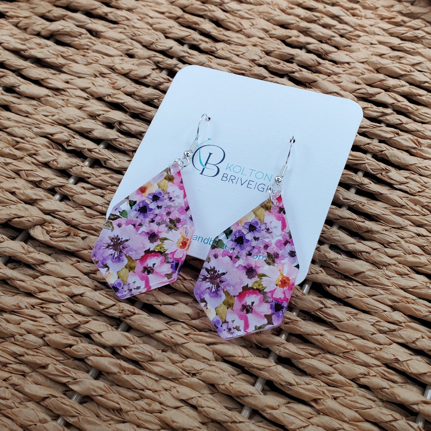 Pink and Purple Floral Elongated Hexagon Earrings