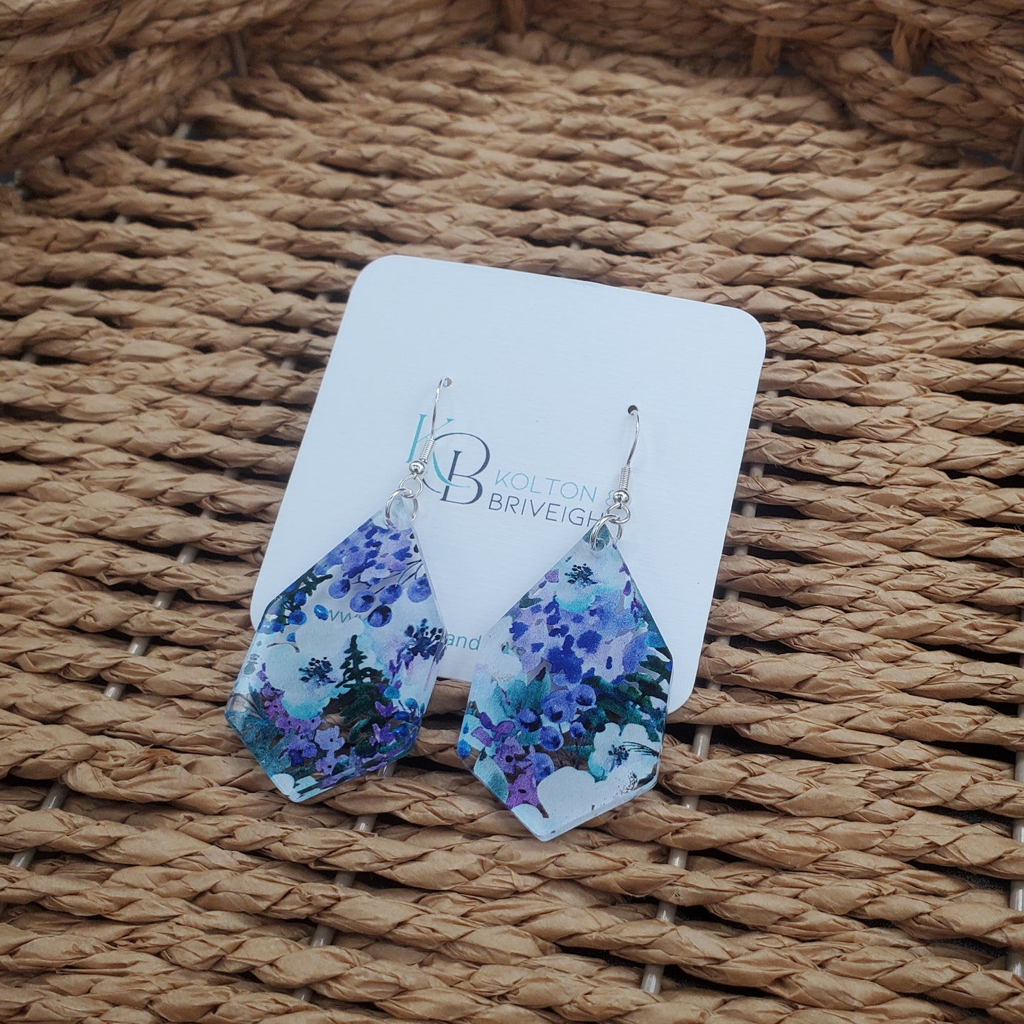 Purple Floral Elongated Hexagon Earrings
