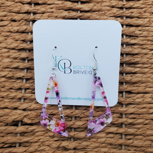 Pink and Purple Floral Elongated Triangle Earrings