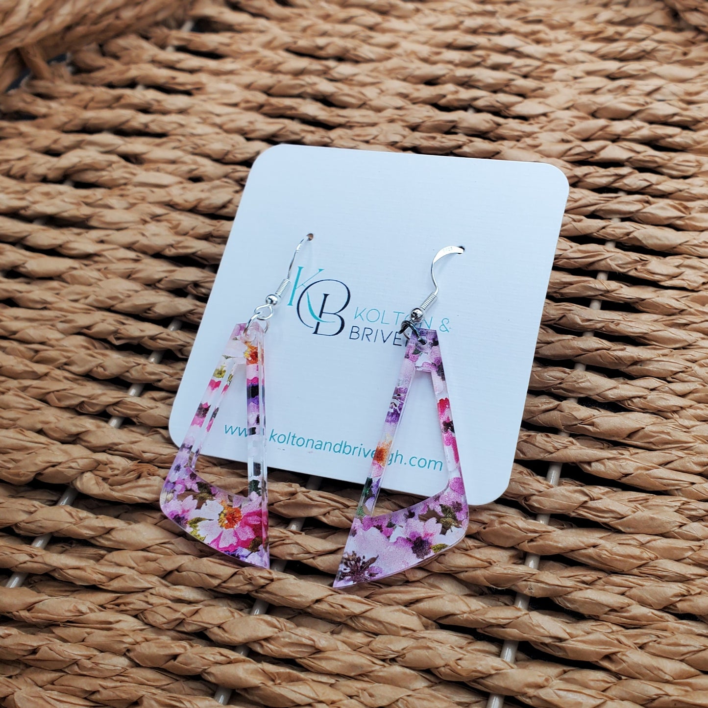 Pink and Purple Floral Elongated Triangle Earrings