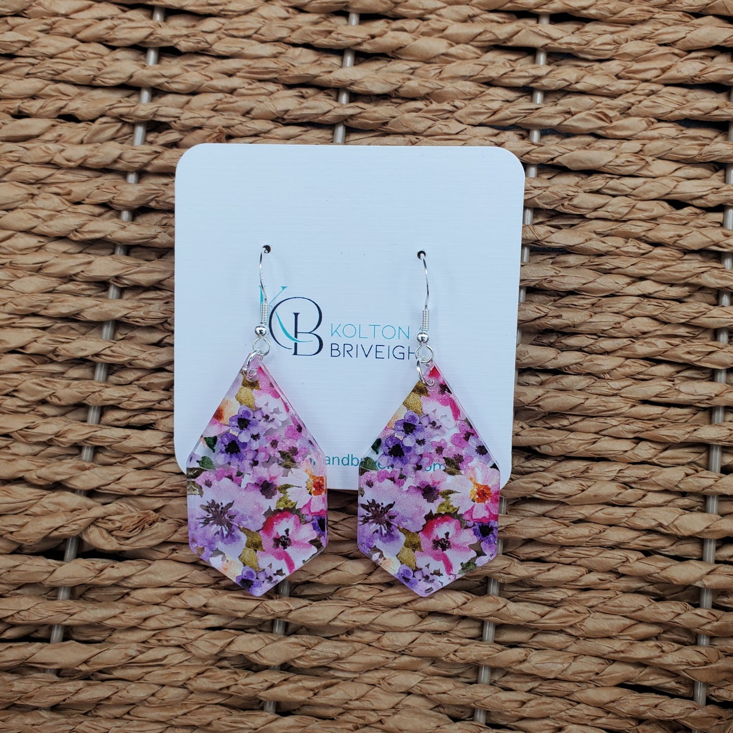 Pink and Purple Floral Elongated Hexagon Earrings