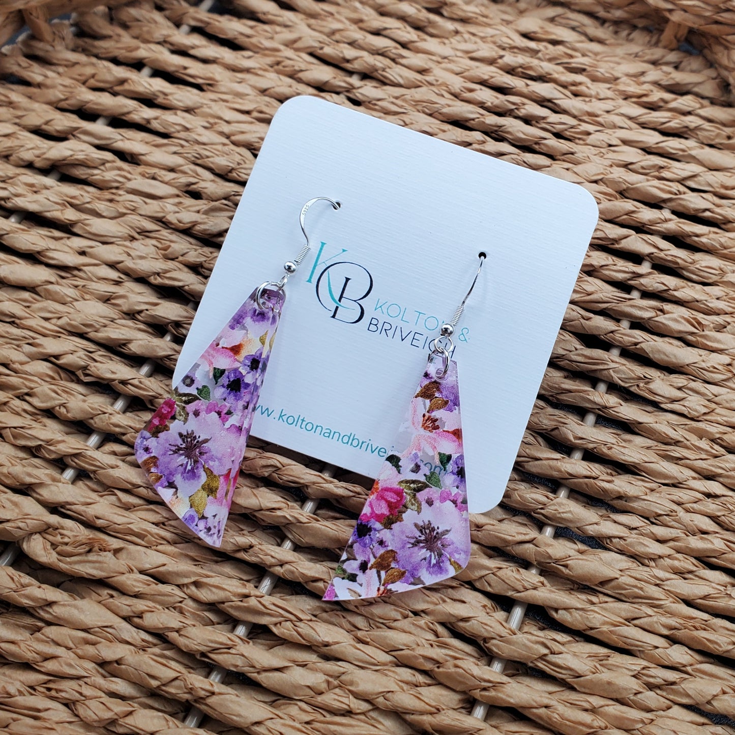 Pink and Purple Floral Rounded Triangle Earrings