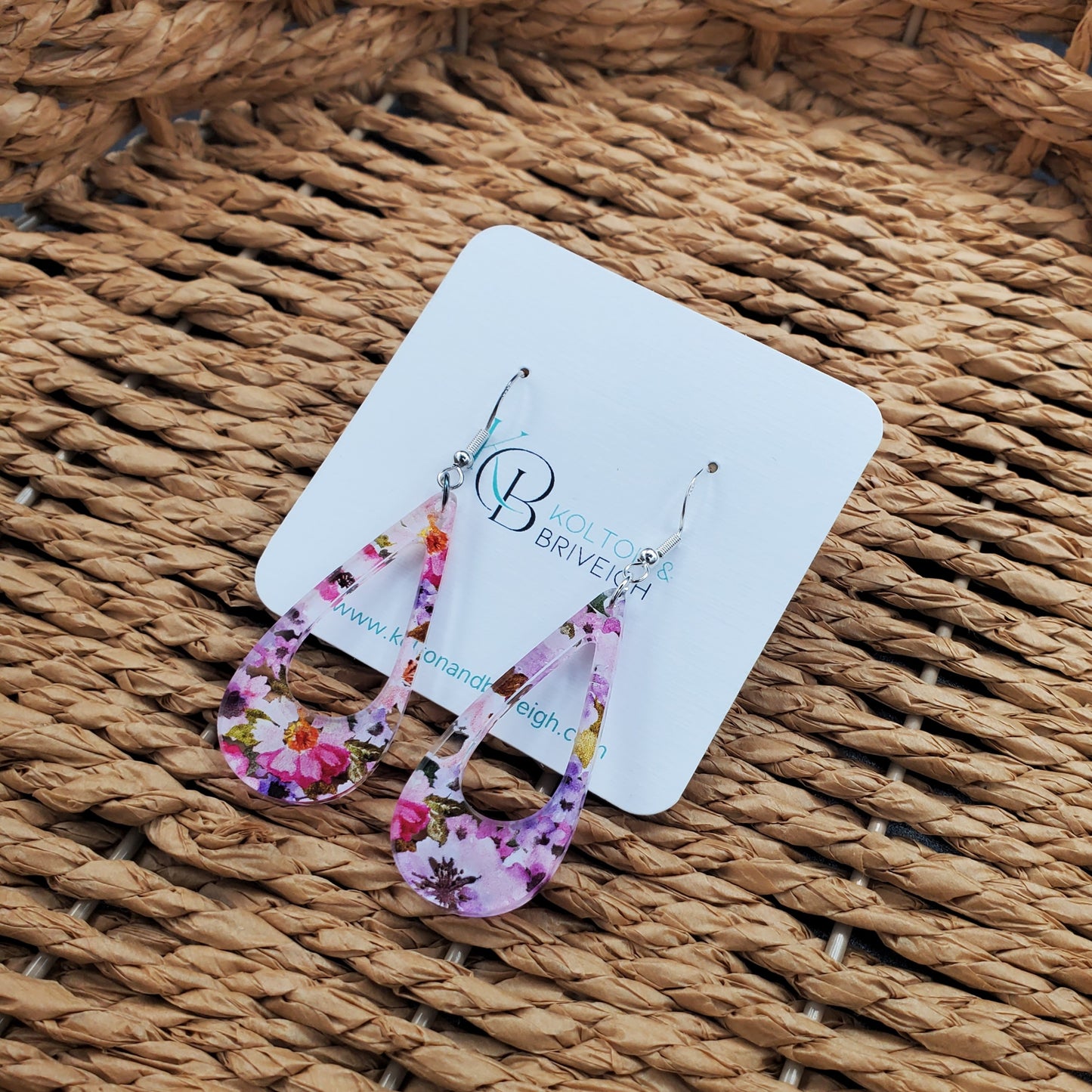 Pink and Purple Floral Long Teardrop Earrings