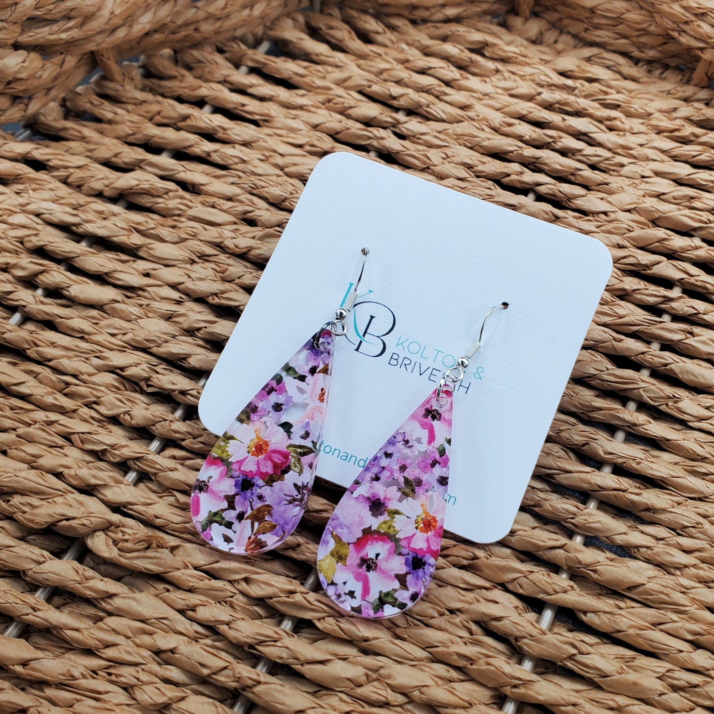 Pink and Purple Floral Long Teardrop Earrings