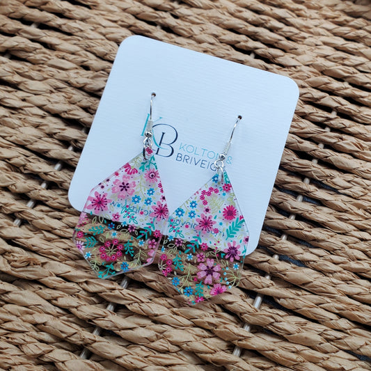 Petite Floral Elongated Hexagon Earrings