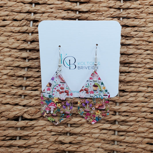 Snails and Mushrooms Elongated Hexagon Earrings