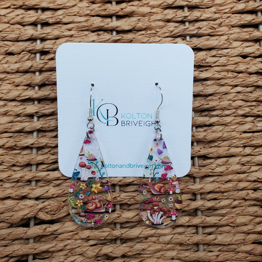 Snails and Mushrooms Long Teardrop Earrings