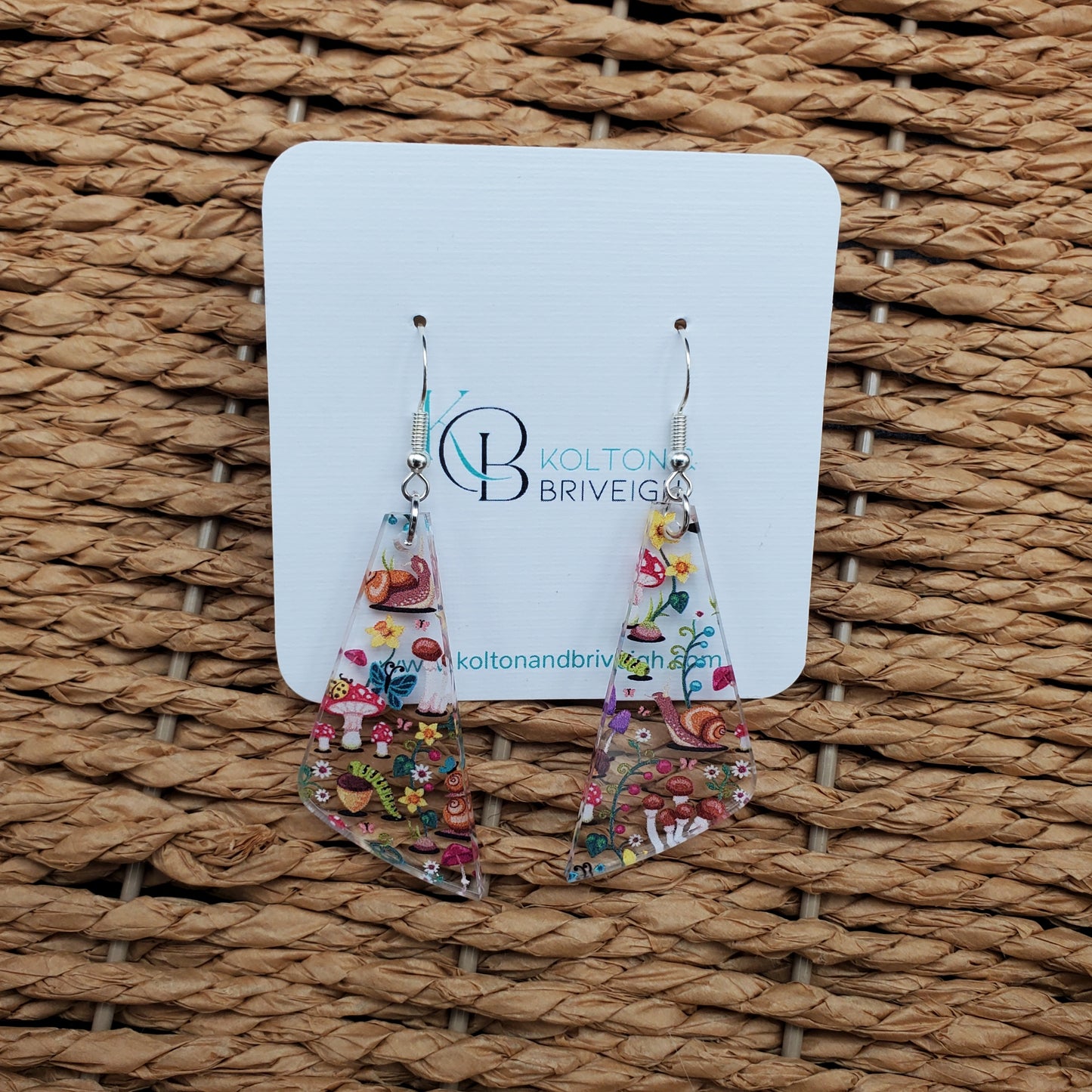 Mushrooms and Snails Elongated Triangle Earrings