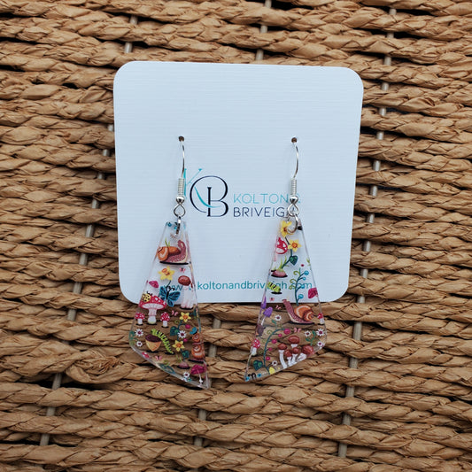 Mushrooms and Snails Elongated Triangle Earrings