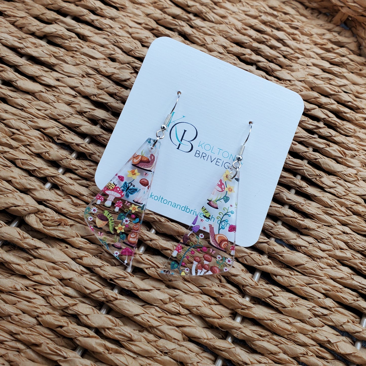Mushrooms and Snails Elongated Triangle Earrings