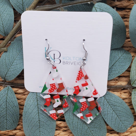 Christmas Stocking Long Double Kite Earrings
