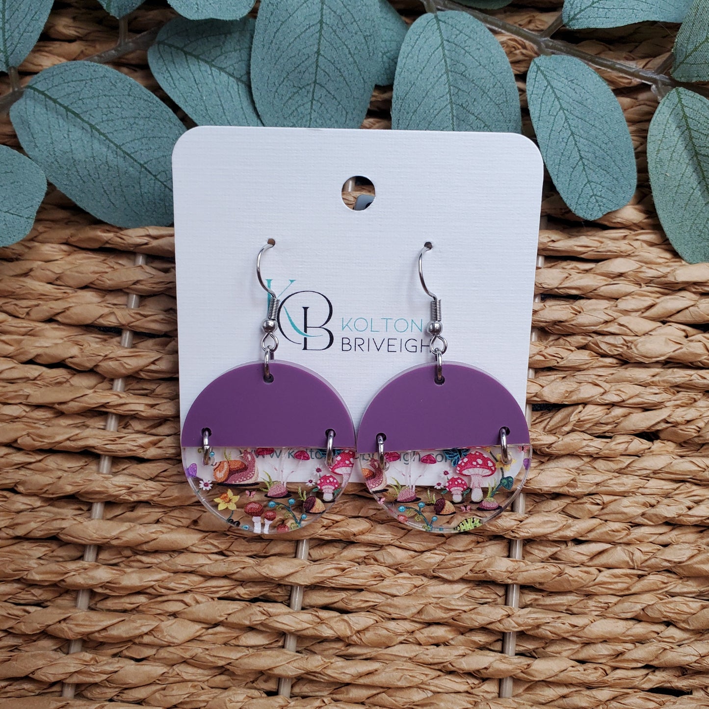 Snails and Mushrooms Purple Split Circle Earrings