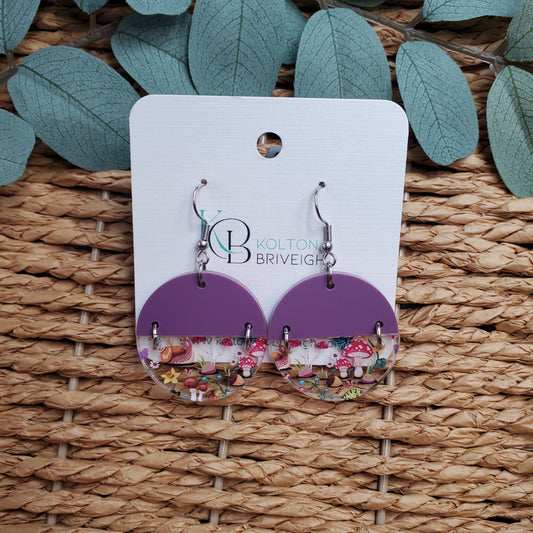 Snails and Mushrooms Purple Split Circle Earrings
