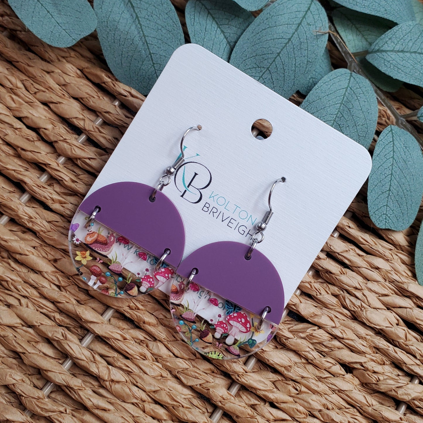 Snails and Mushrooms Purple Split Circle Earrings
