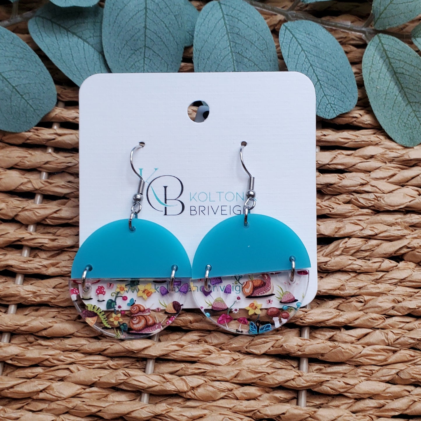 Snails and Mushrooms Turquoise Split Circle Earrings