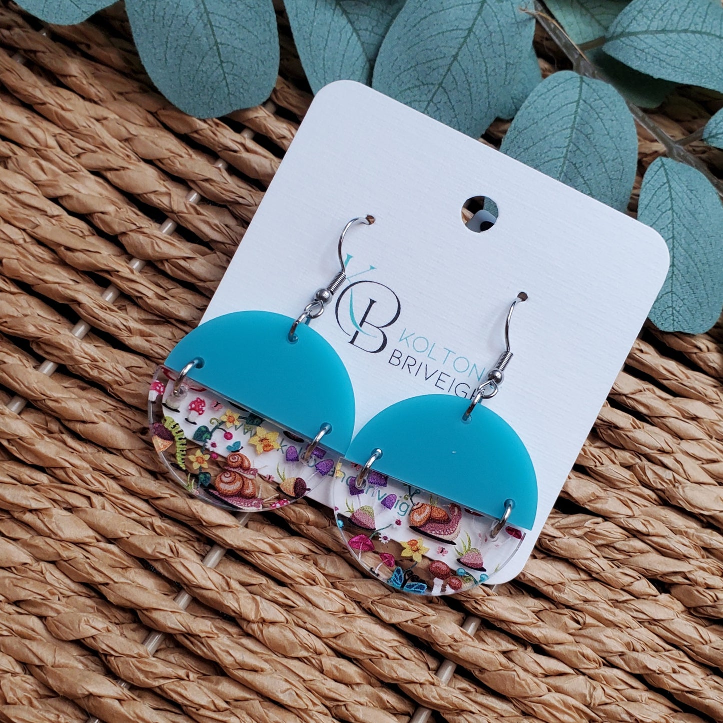 Snails and Mushrooms Turquoise Split Circle Earrings